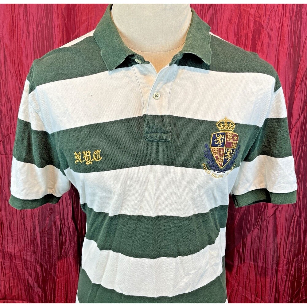 Mens Polo Ralph Lauren Green /White Stripe Cotton Polo Golf SS Casual Shirt  XL